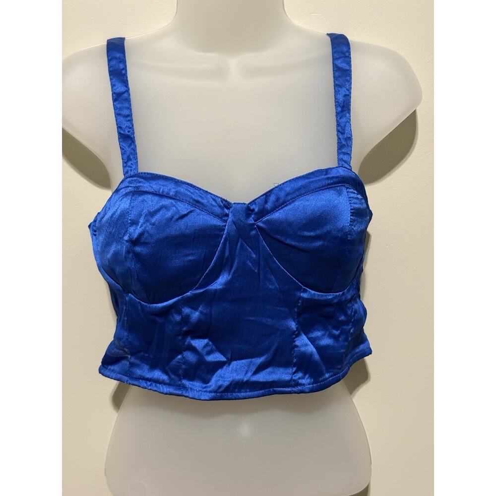 BOG Collective Bustier Crop Top Medium Blue Satin Padded Adjustable Straps NWOT